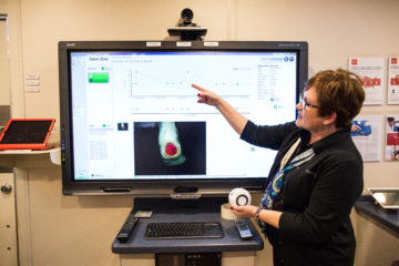 Telehealth education specialist Leslie Fernyhough demonstrating Silhouette's ability to combine wound assessment information to accurately track wound healing over time